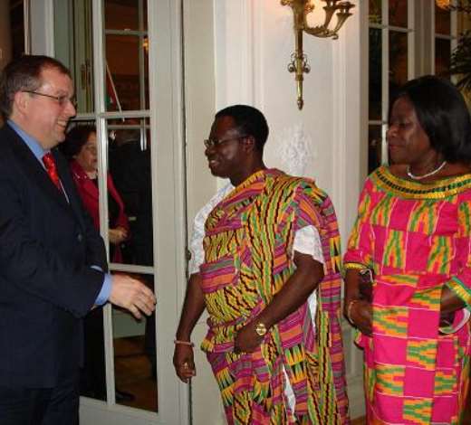 Amb Baah-Duodu welcoming the British Ambassador , H.E. Simeon Featherstone, to the function